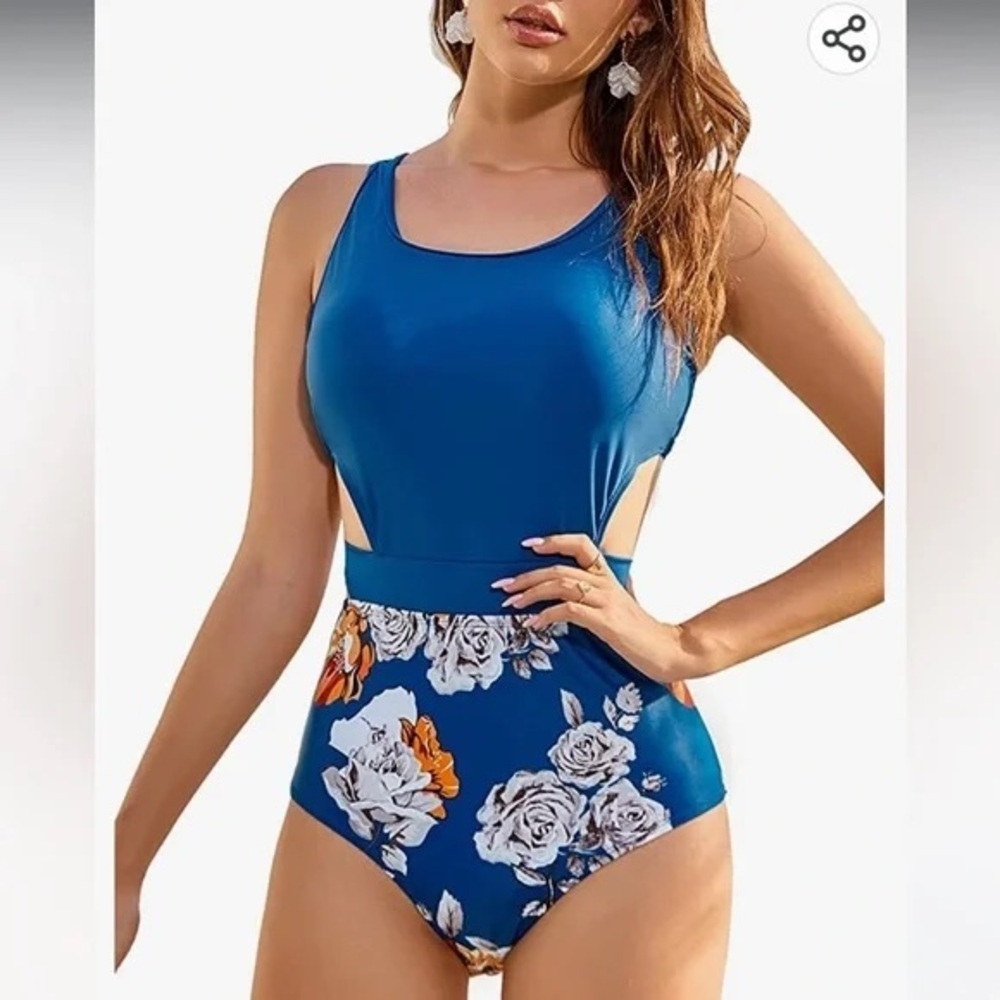 Floral Print Halter Tummy Control Zip One Piece Swimsuit NWT Size L
